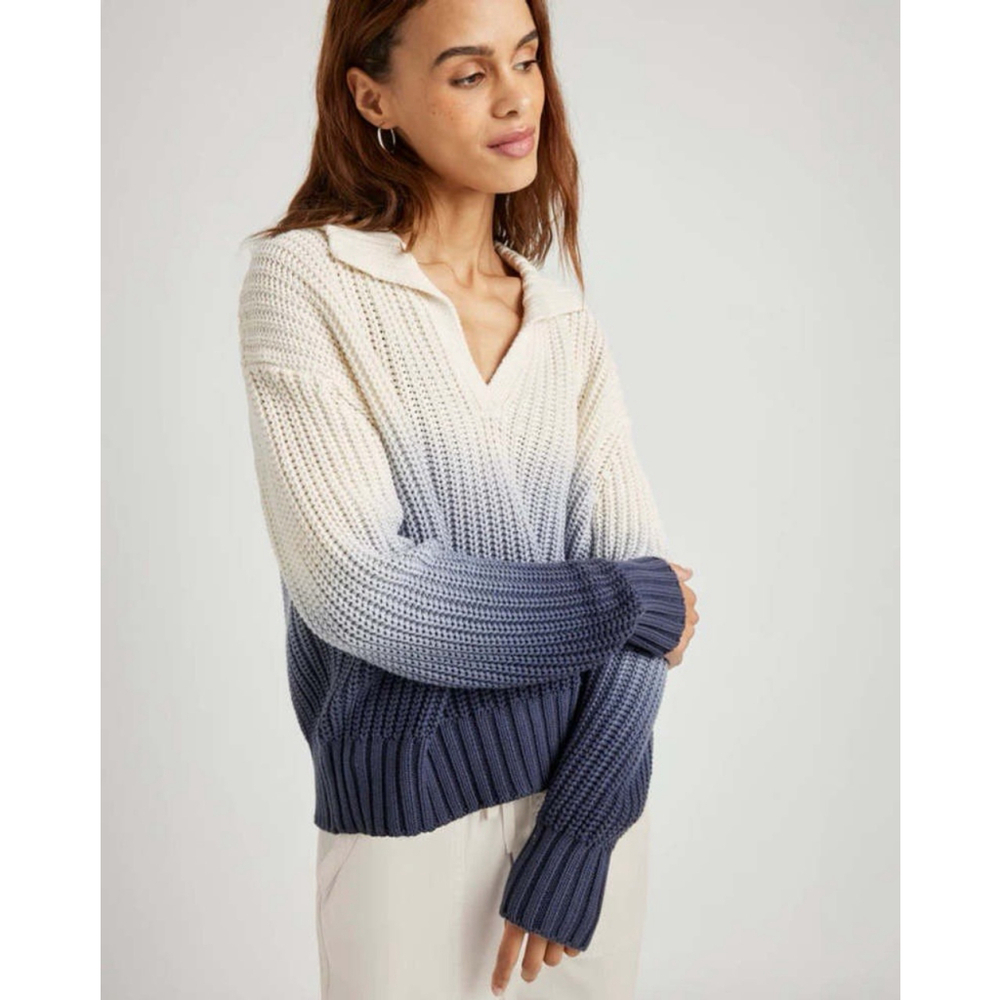 Splendid Ice Navy Raya Ombre Knit Polo Sweater Women’s Size XS V-Neck Thick Warm